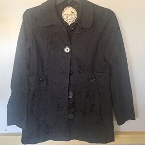 Nick & Mo Exclusive Collection Black Floral Velour Flowers Button Belted Jacket